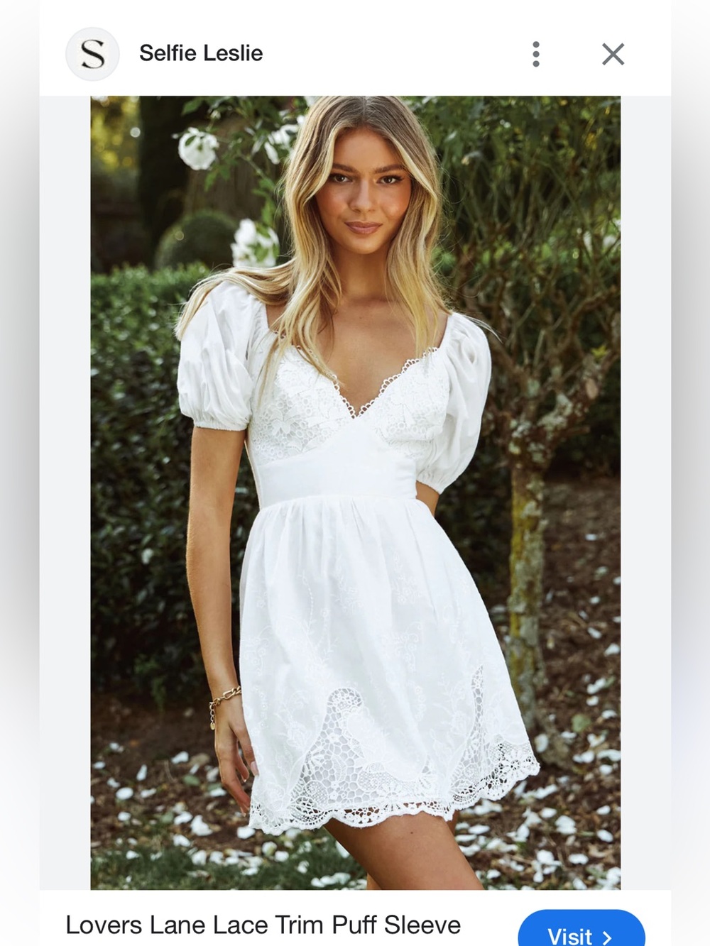 Selfie Leslie White Lace-Trim Puff Sleeve Mini Dress